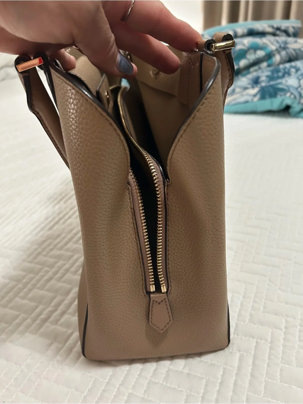 Michael Kors Large Pebbled Leather Satchel Tote Taupe Beige Gold Hardware